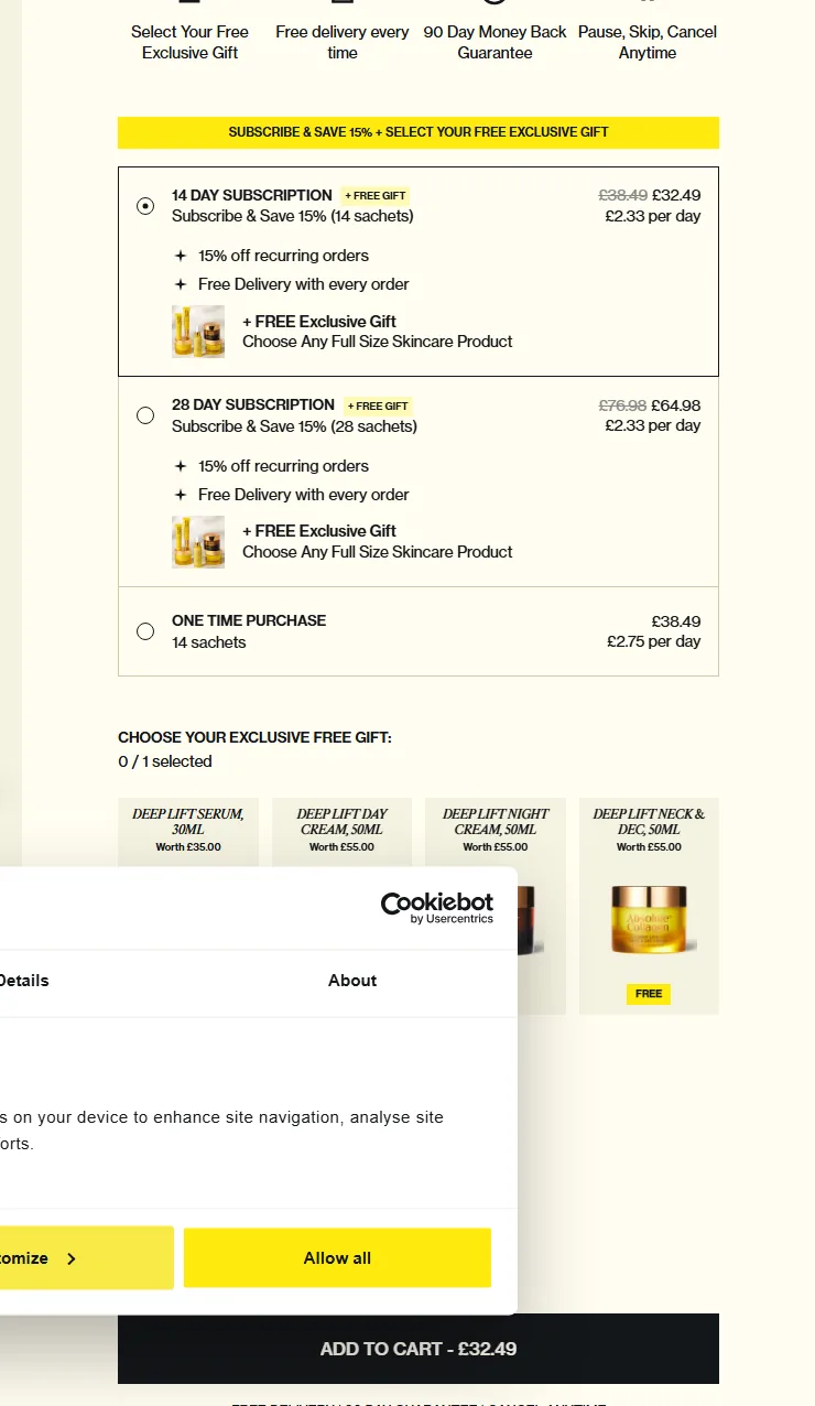 Absolute Collagen subscription buy box, UK storefront, captured 2026-09-13
