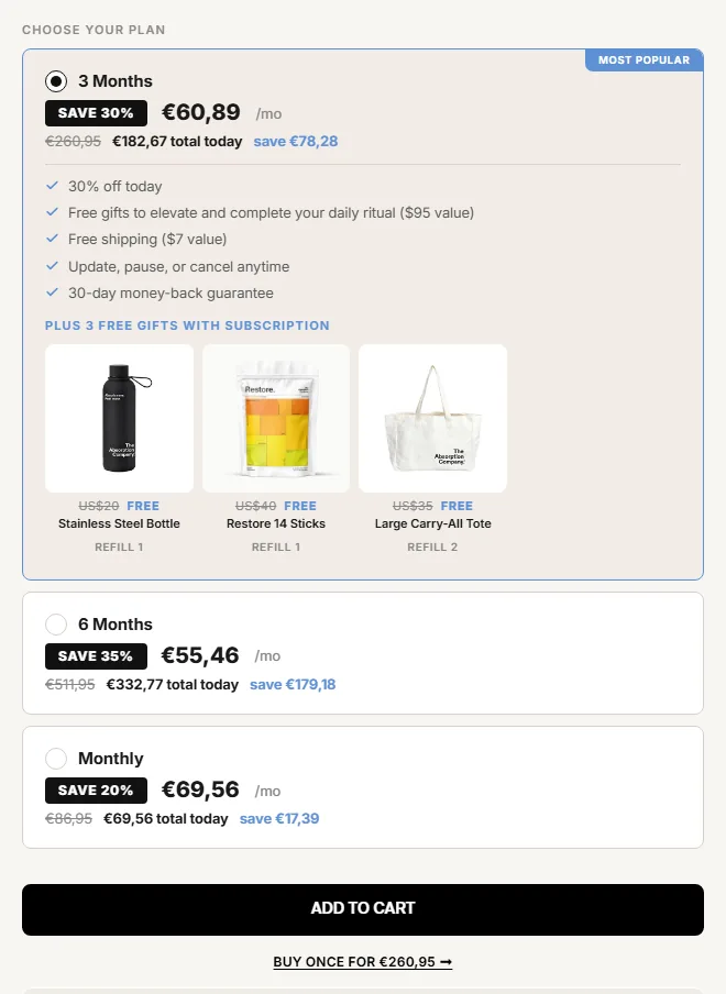 The Absorption Company subscription buy box, EU storefront, captured 2026-09-13