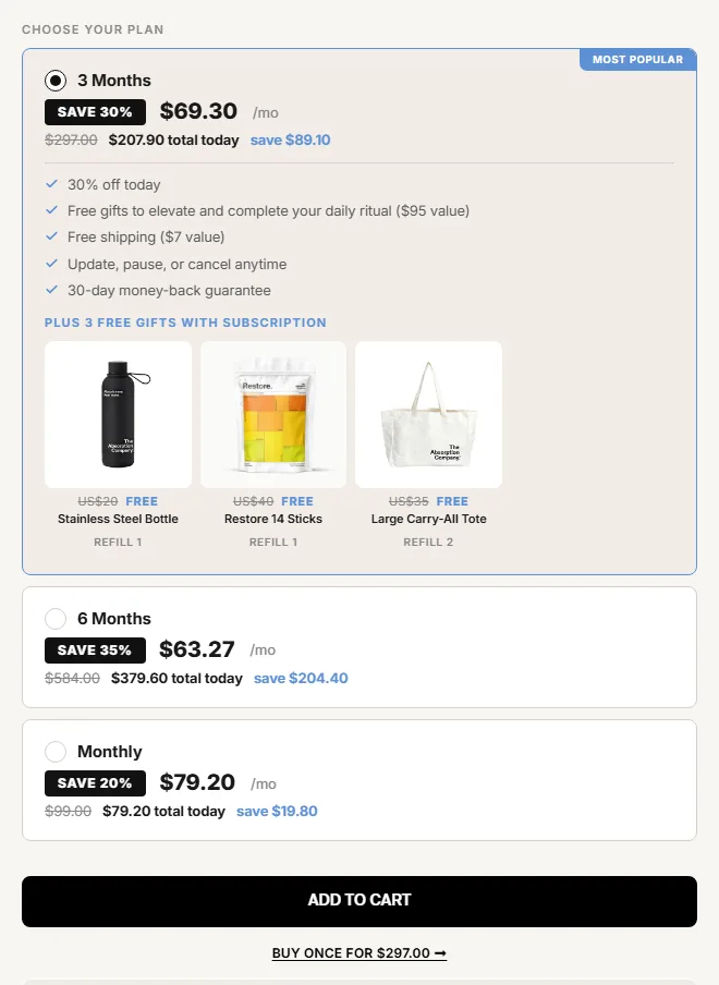The Absorption Company subscription buy box, US storefront, captured 2026-09-13