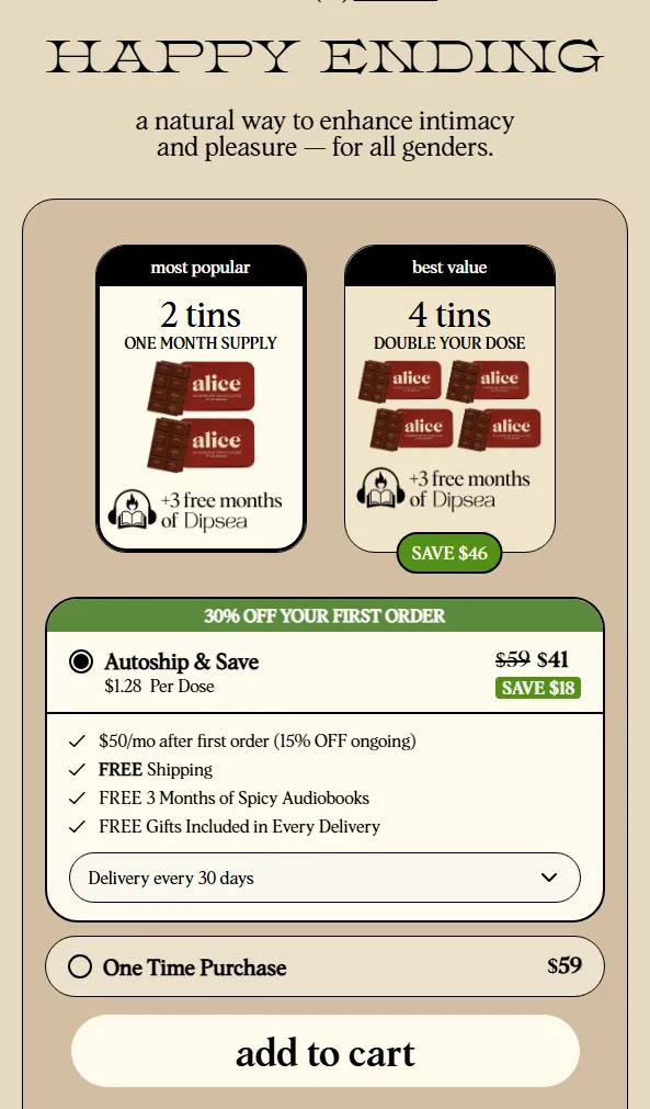 Alice Mushrooms subscription buy box, US storefront, captured 2026-09-13