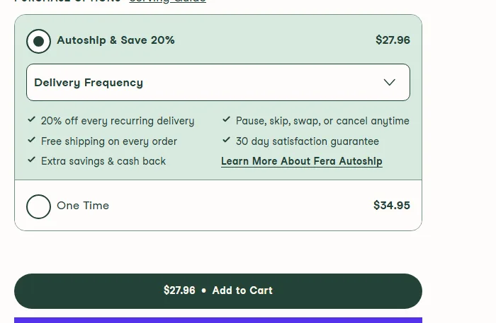 Fera Pets subscription buy box, US storefront, captured 2026-09-13