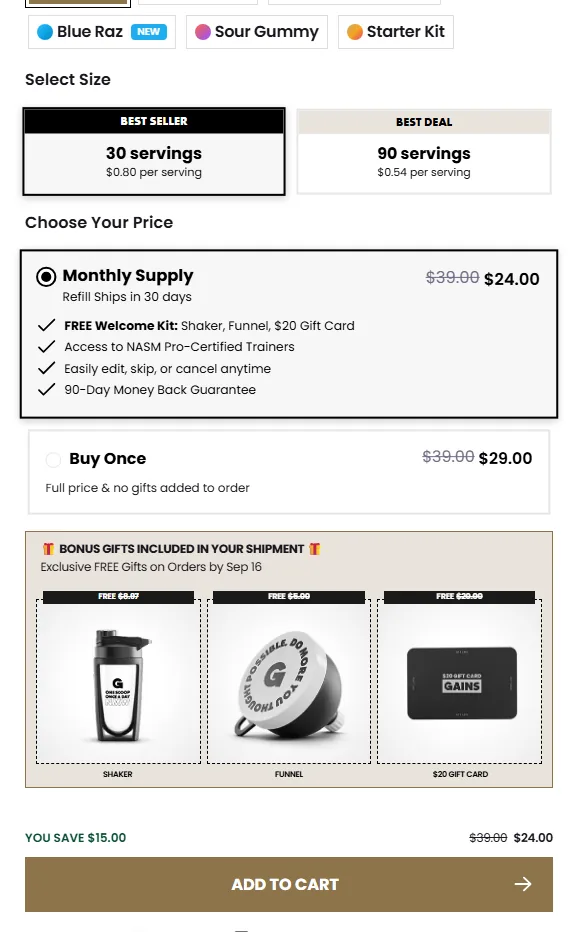 Gains In Bulk subscription buy box, US storefront, captured 2026-09-13