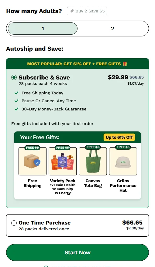 Grüns (Gruns) subscription buy box, US storefront, captured 2026-09-13