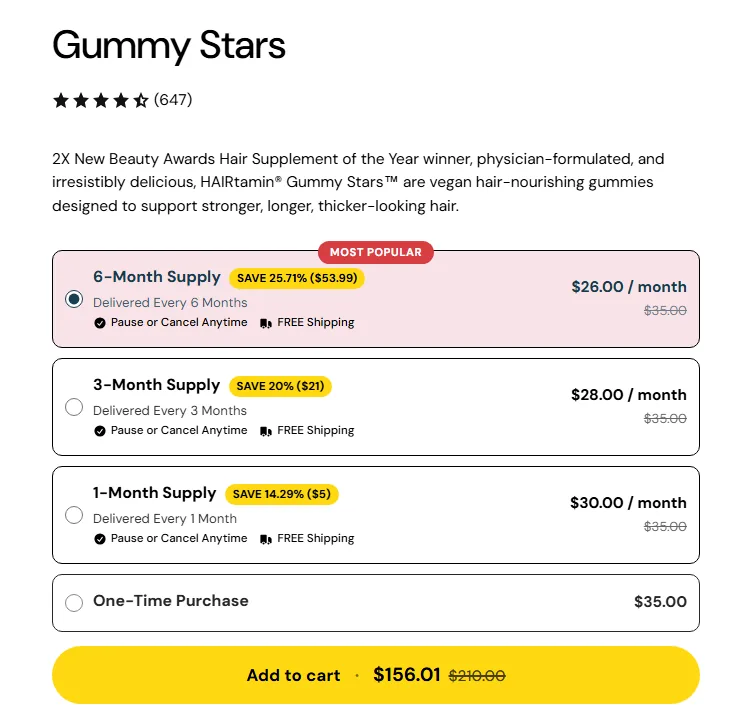 HAIRtamin subscription buy box, US storefront, captured 2026-10-10