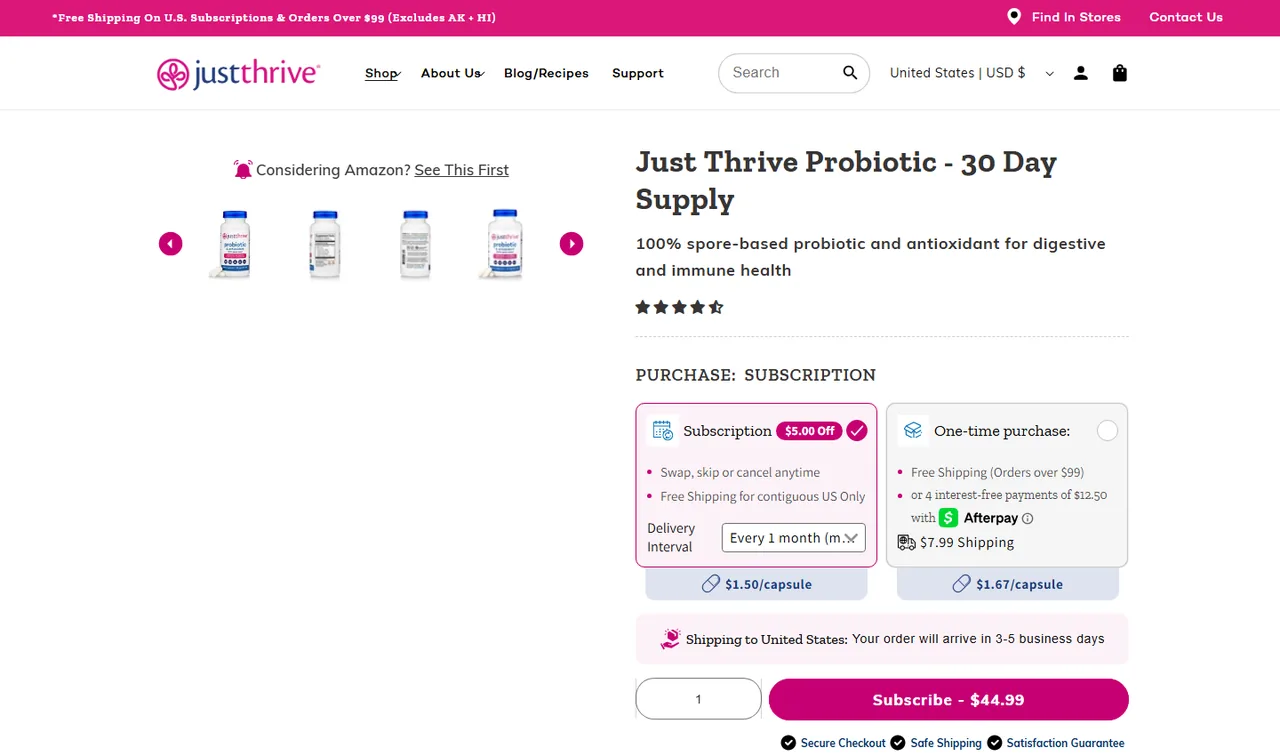 Just Thrive subscription buy box, US storefront, captured 2026-09-13
