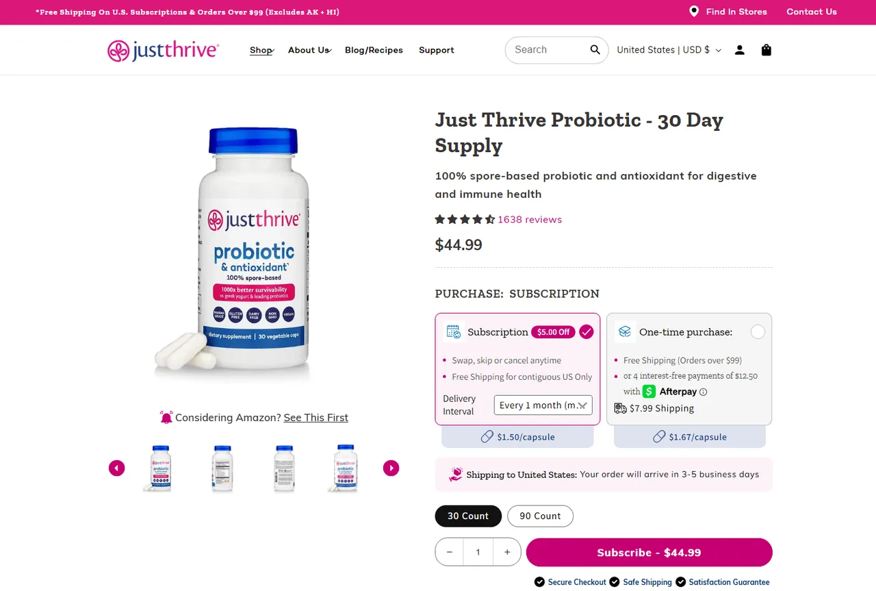 Just Thrive subscription buy box, US storefront, captured 2026-10-05
