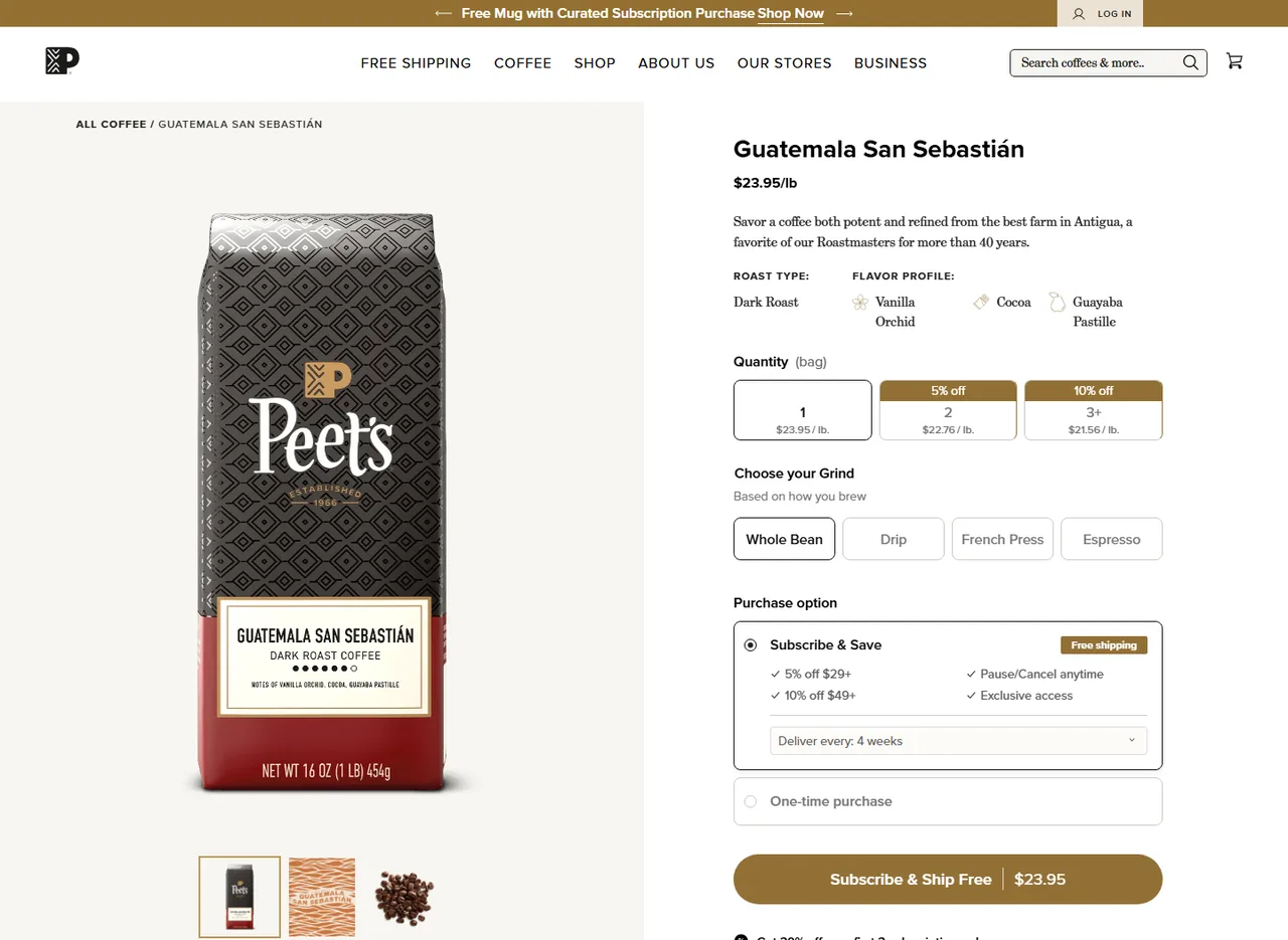Peet's Coffee (Peets Coffee) subscription buy box, US storefront, captured 2026-10-05
