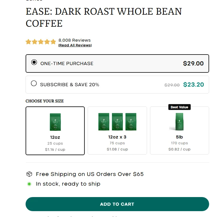 Purity Coffee subscription buy box, US storefront, captured 2026-09-13
