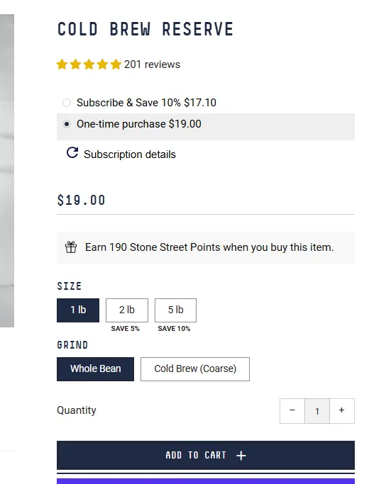Stone Street Coffee subscription buy box, US storefront, captured 2026-10-10