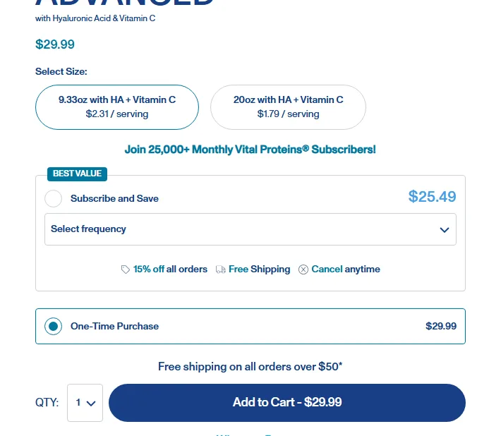 Vital Proteins subscription buy box, US storefront, captured 2026-09-13