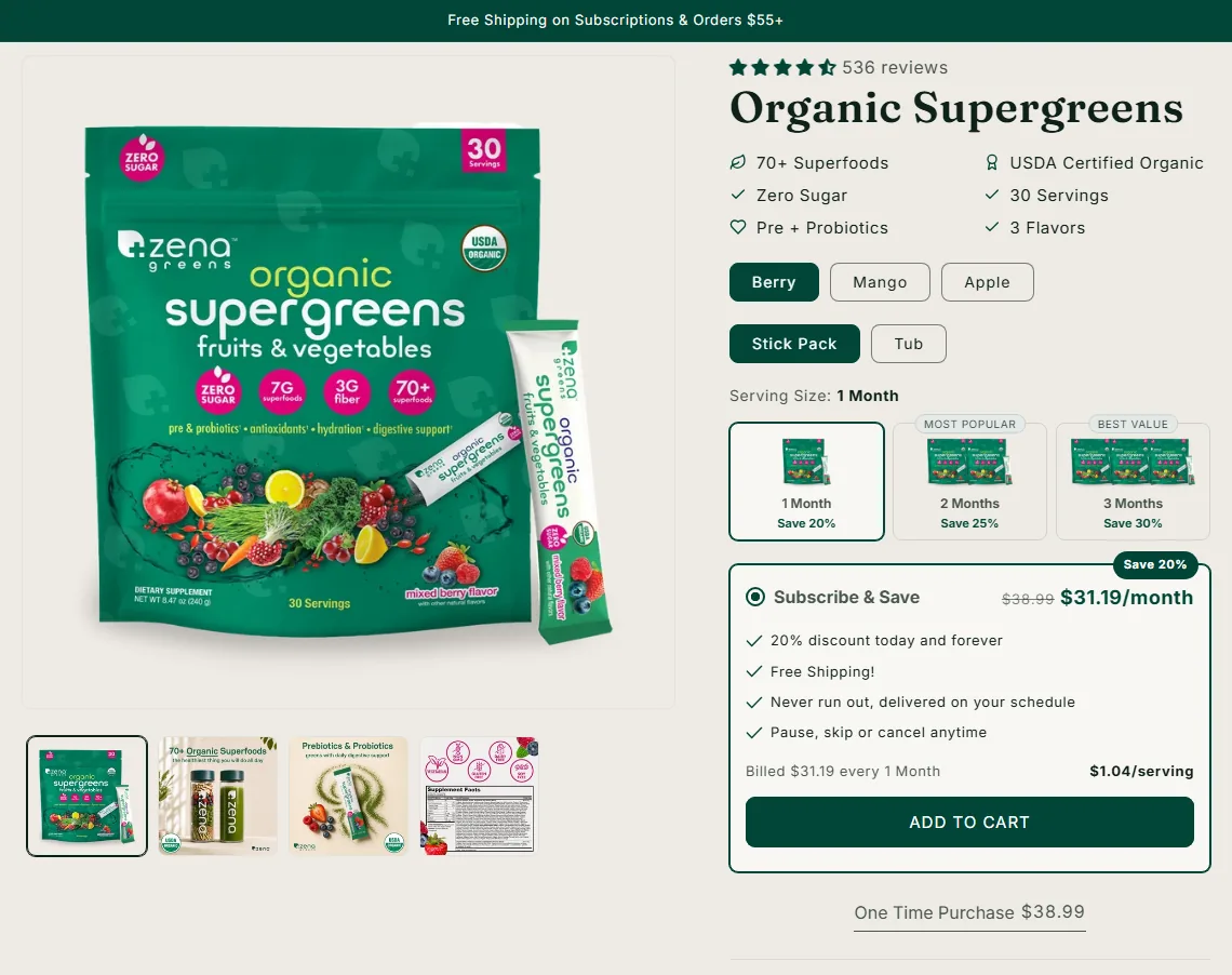 Zena Nutrition (Zena Greens) subscription buy box, US storefront, captured 2026-09-14