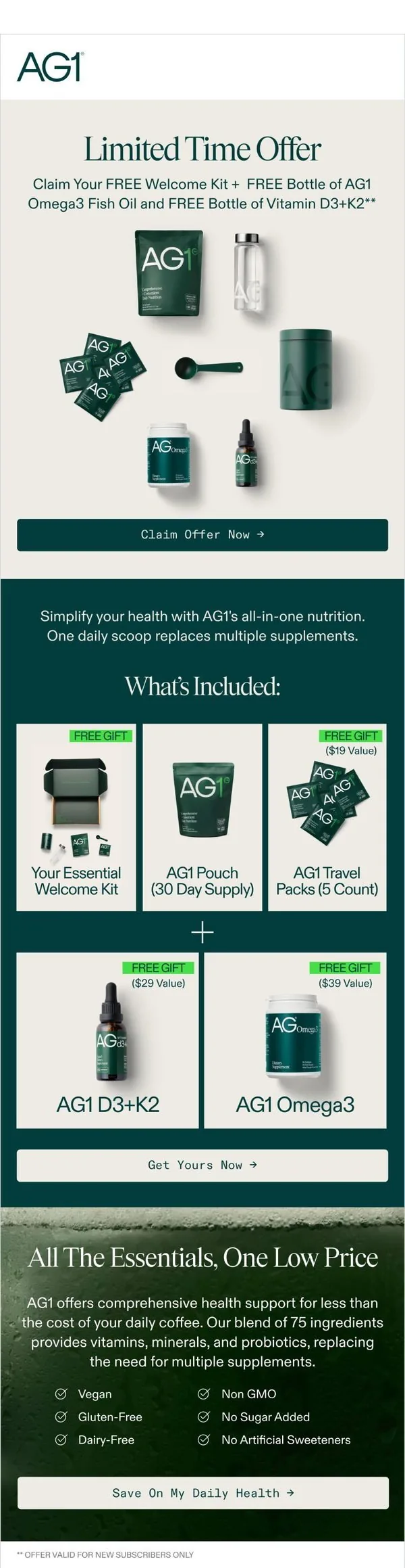 AG1 email: Omega 3 and Vitamin D3+K2 FREE with subscription
