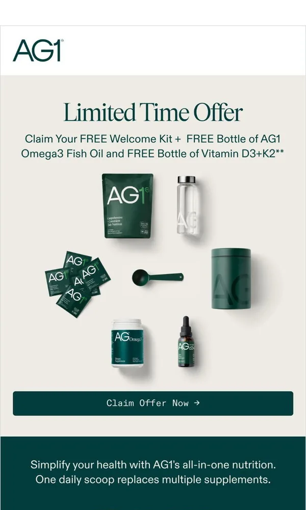 AG1 email: Omega 3 and Vitamin D3+K2 FREE with subscription
