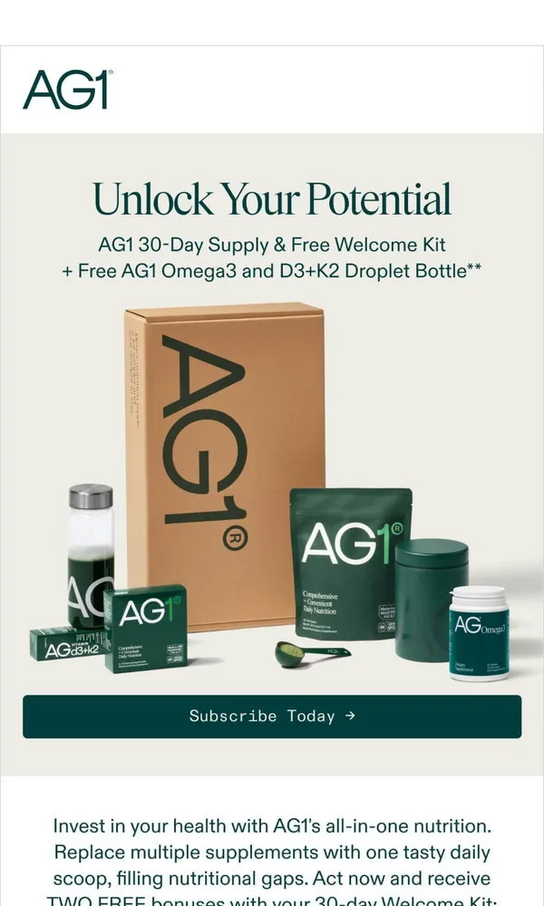 AG1 email: Claim Your Welcome Kit Offer