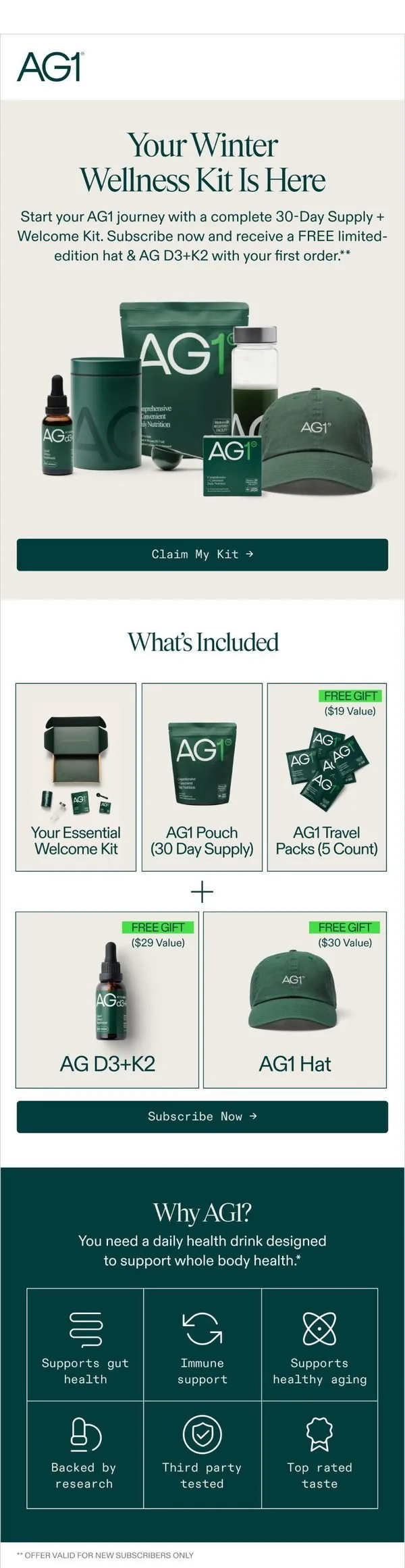 AG1 email: FREE AG1 Hat With Subscription
