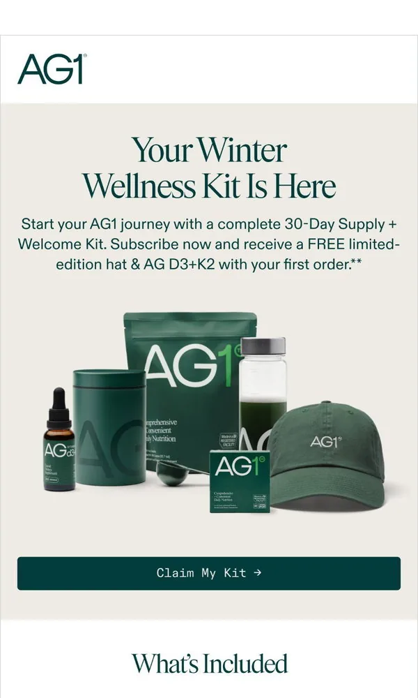 AG1 email: FREE AG1 Hat With Subscription