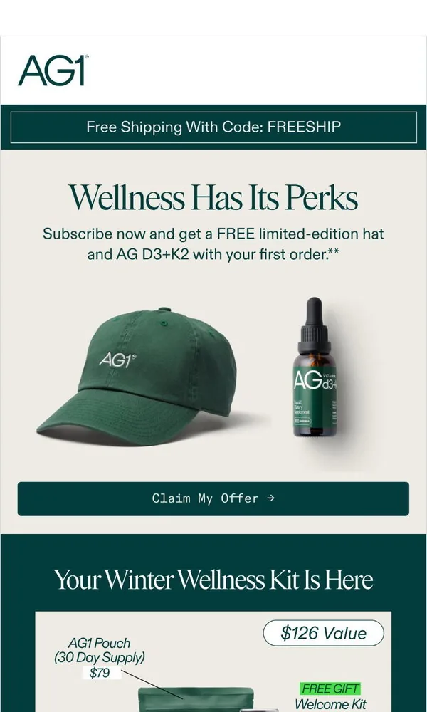 AG1 email: Limited Time Offer: Your Winter Wellness Kit + FREE Shipping