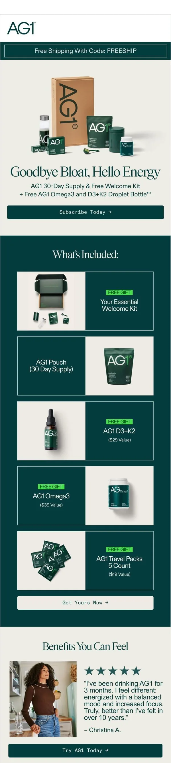 AG1 email: Your Welcome Kit Includes FREE Gifts