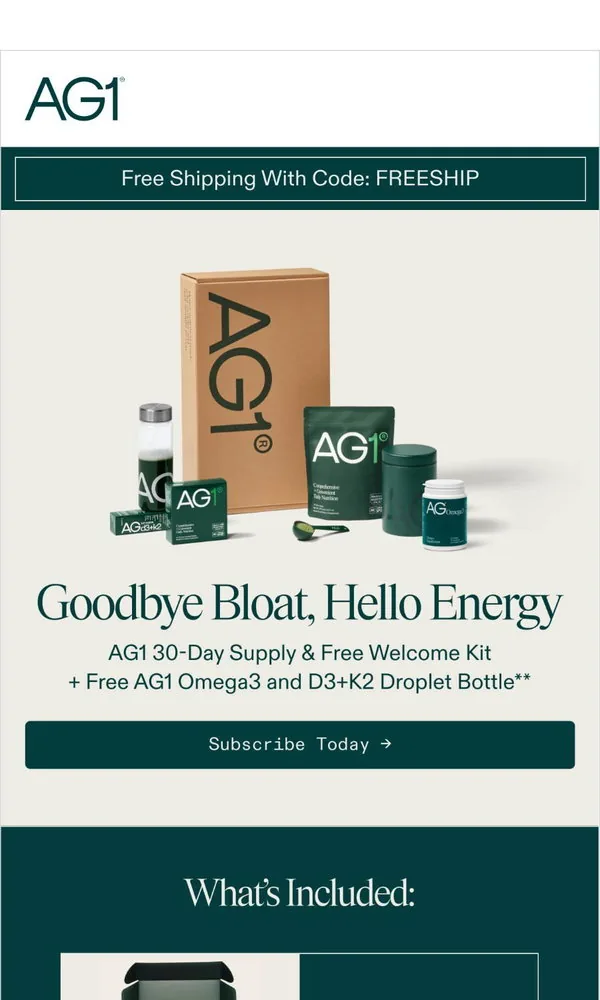 AG1 email: Your Welcome Kit Includes FREE Gifts