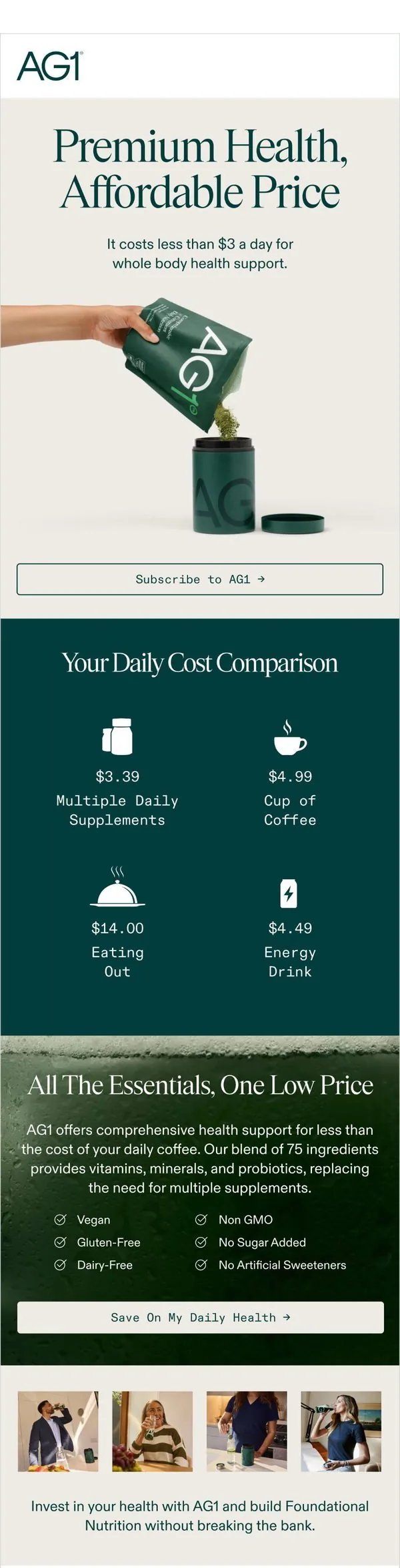AG1 email: Less than $3 a day for whole body health