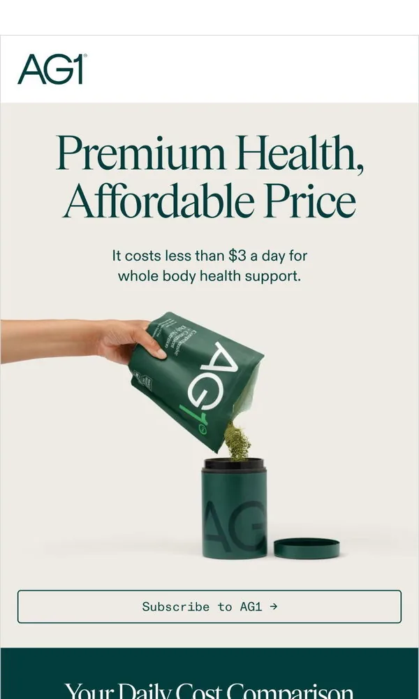 AG1 email: Less than $3 a day for whole body health