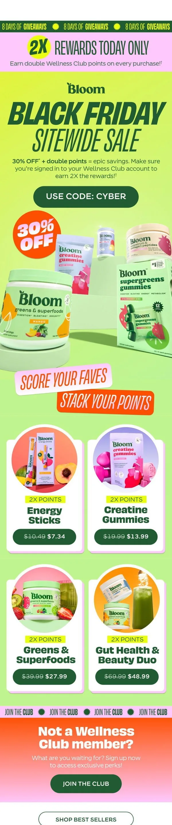 Bloom Nutrition email: TODAY ONLY: 30% OFF + 2X points! 🤑