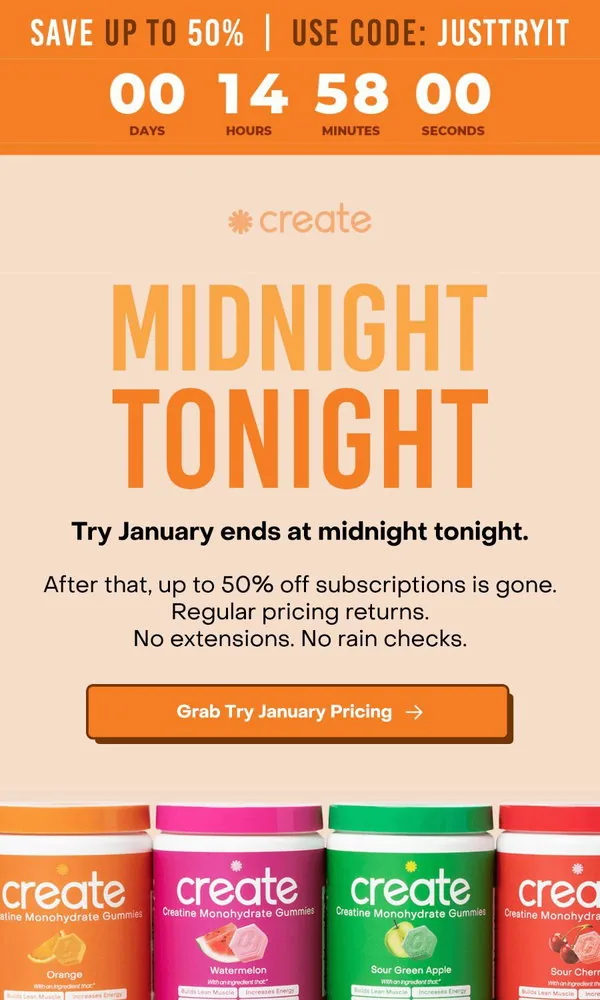 Create email: Midnight tonight…