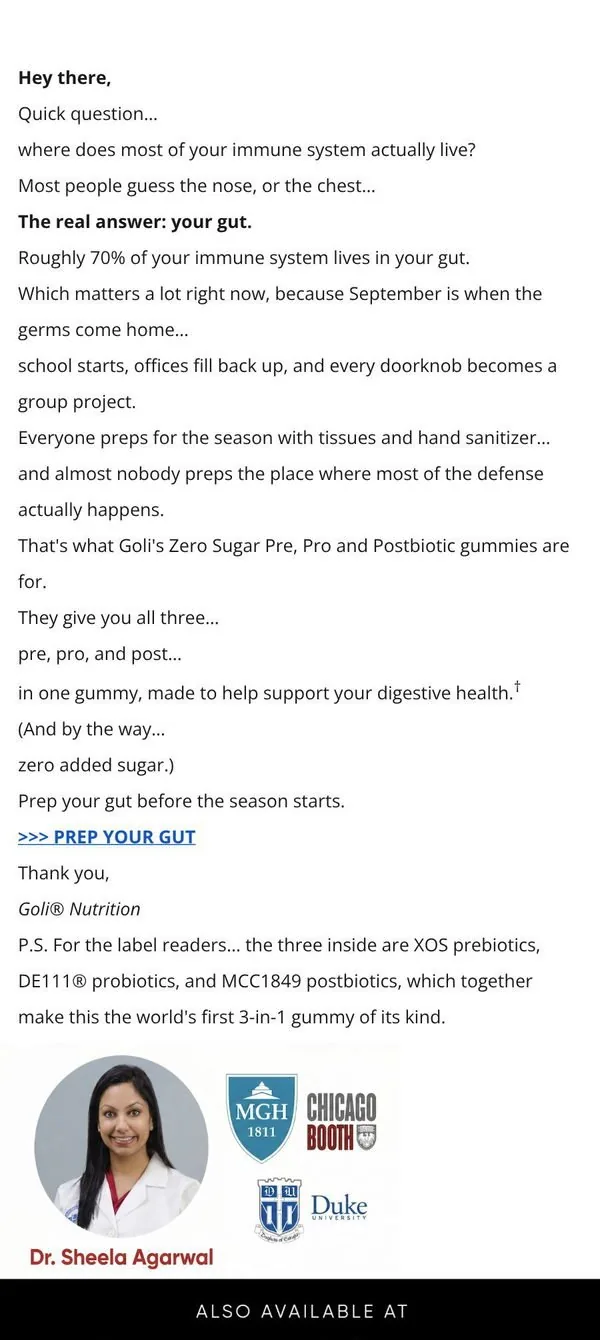 Goli email: 70% of your immune system lives here