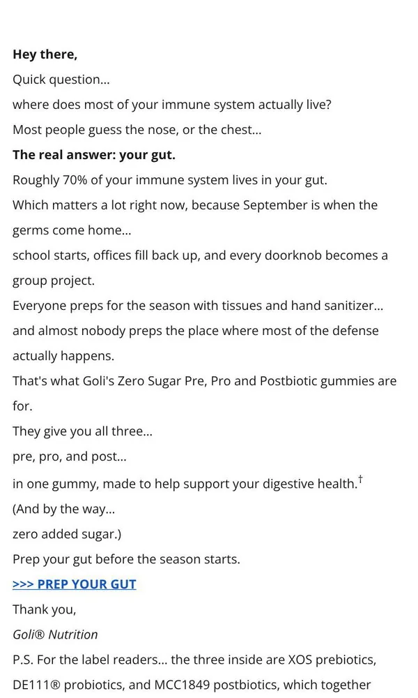 Goli email: 70% of your immune system lives here