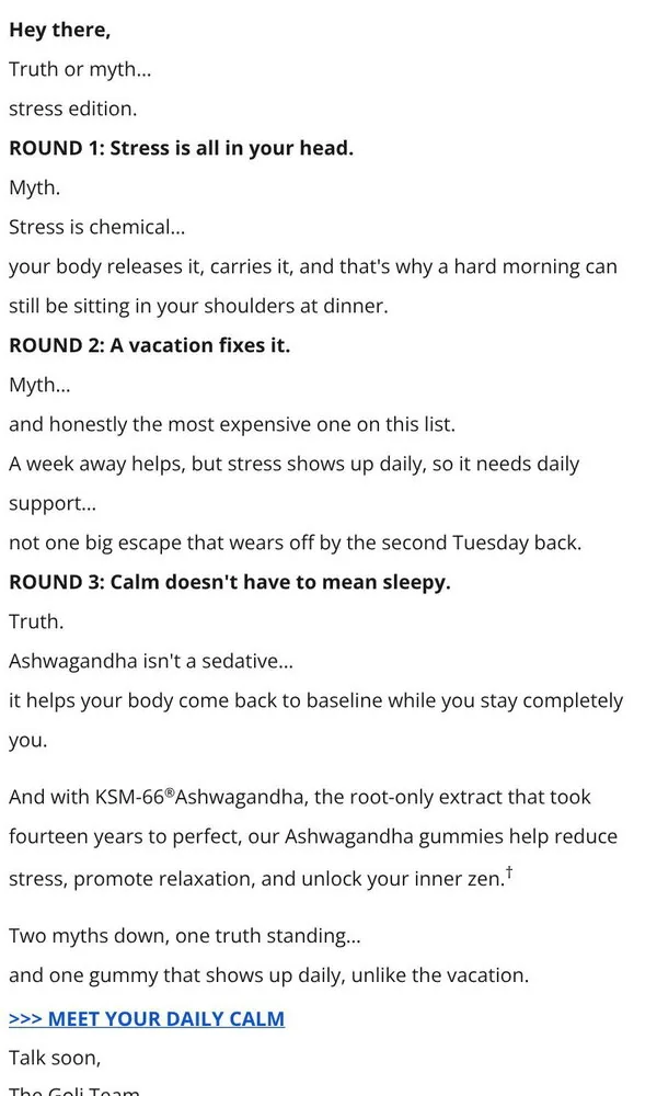Goli email: truth or myth: the stress edition