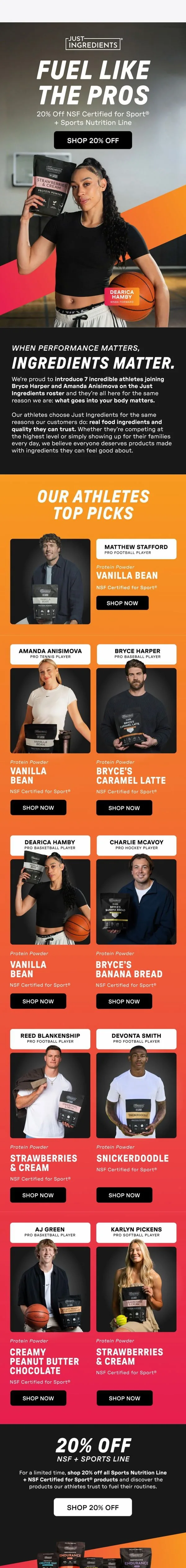 Just Ingredients email: 20% off. Athlete approved.