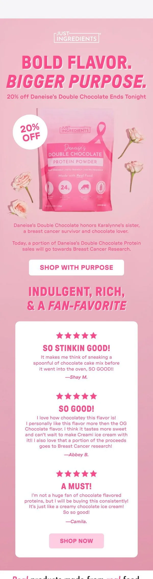 Just Ingredients email: 20% off Double Chocolate Protein Ends Tonight 🩷