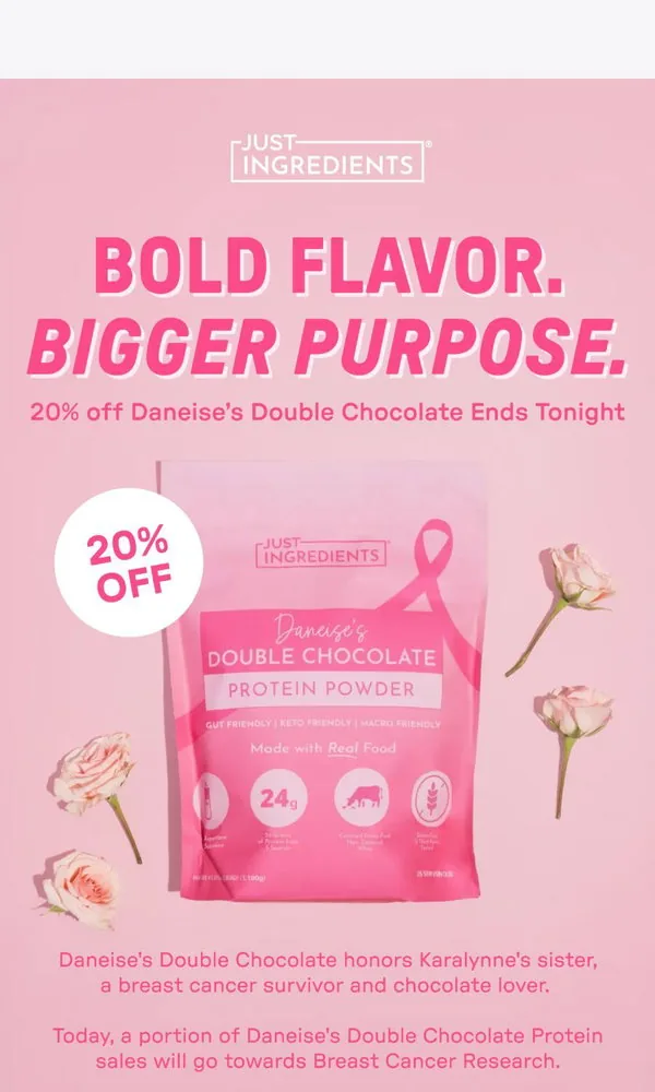 Just Ingredients email: 20% off Double Chocolate Protein Ends Tonight 🩷
