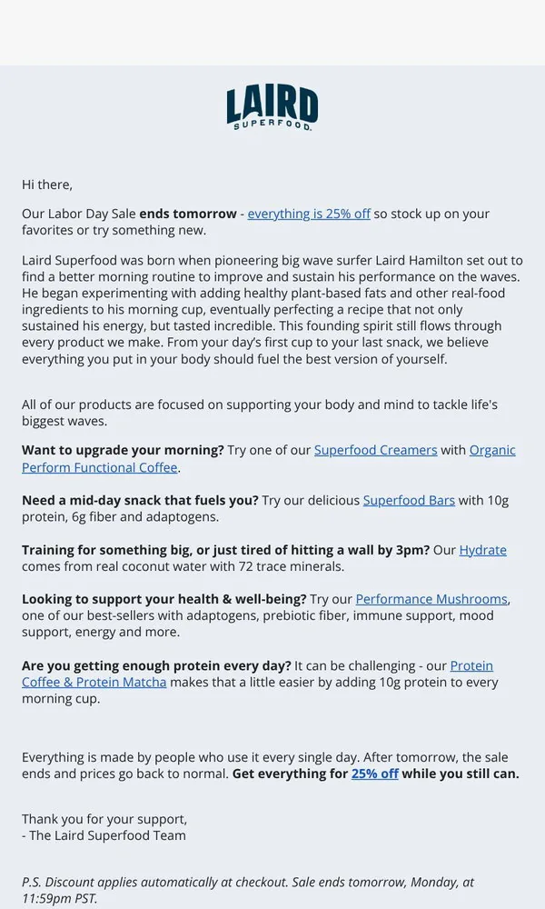 Laird Superfood email: Your 25% off expires tomorrow night