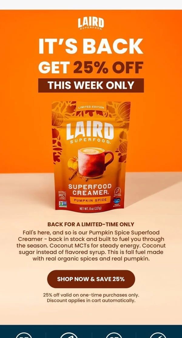 Laird Superfood email: Fall's here. So is your fuel.
