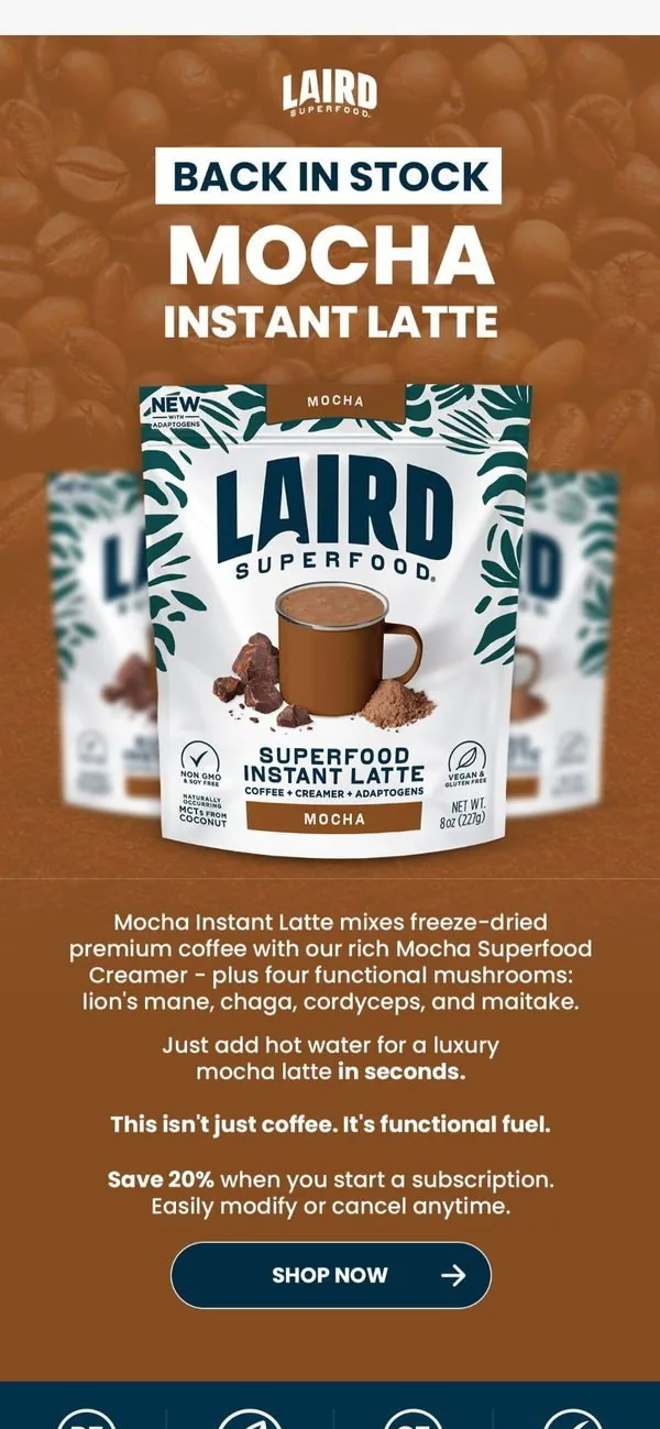 Laird Superfood email: Back by popular demand: Mocha Instant Latte