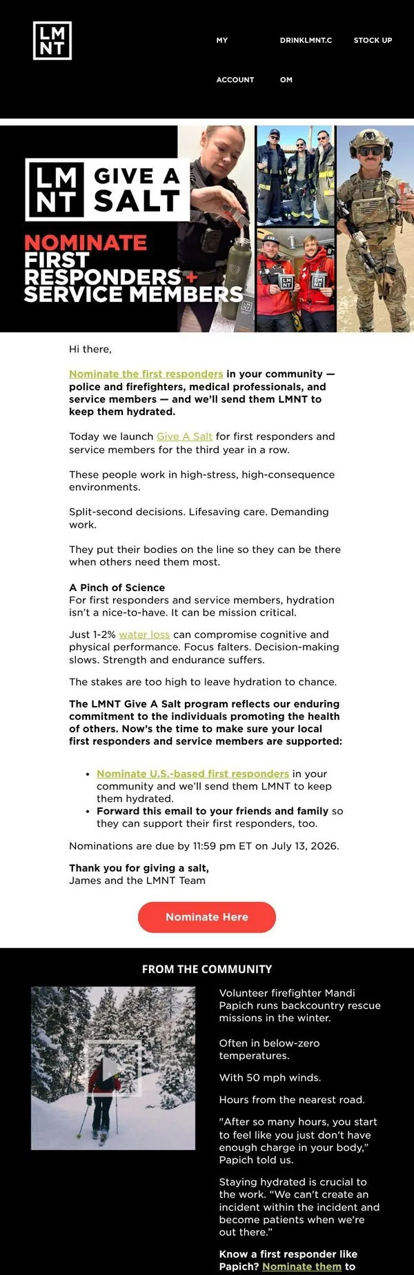 LMNT email: Send LMNT to first responders & service members