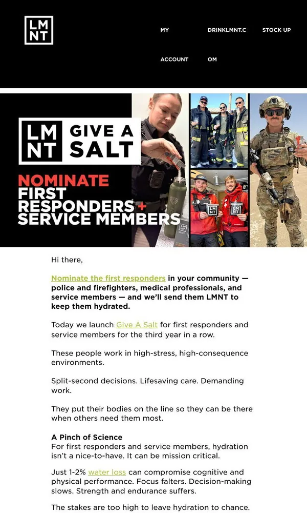 LMNT email: Send LMNT to first responders & service members