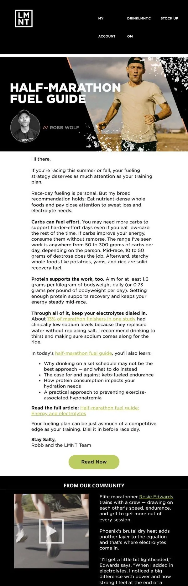 LMNT email: Race season fuel guide: Carbs, protein, and electrolytes