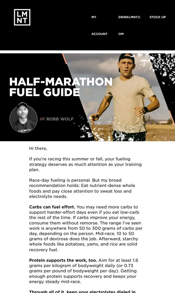 LMNT email: Race season fuel guide: Carbs, protein, and electrolytes