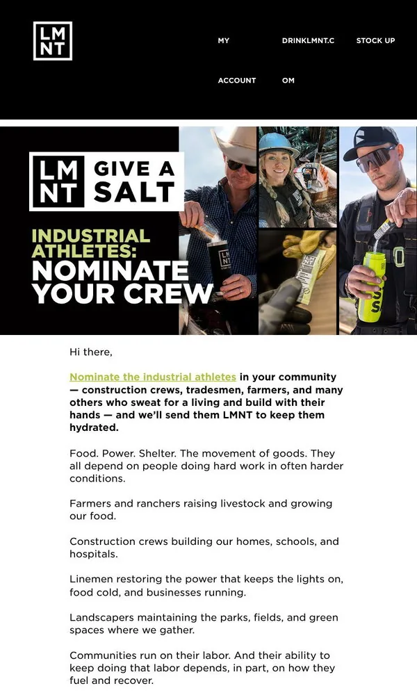 LMNT email: Nominate an industrial athlete to receive free LMNT