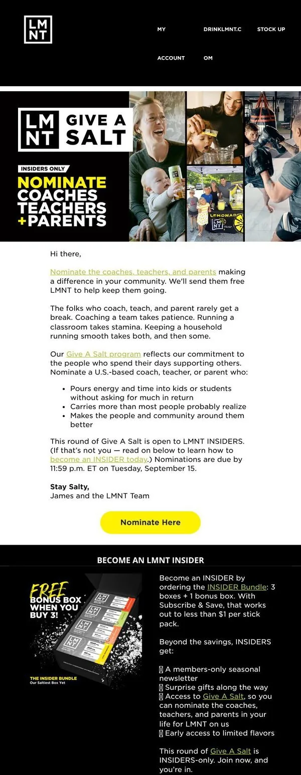 LMNT email: Send LMNT to coaches, teachers, & parents