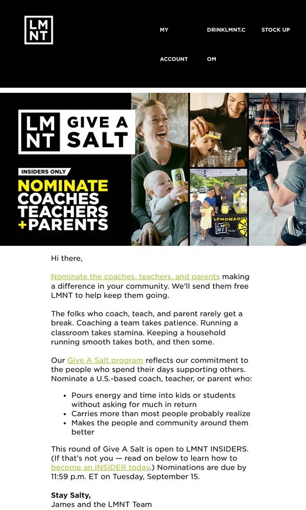 LMNT email: Send LMNT to coaches, teachers, & parents