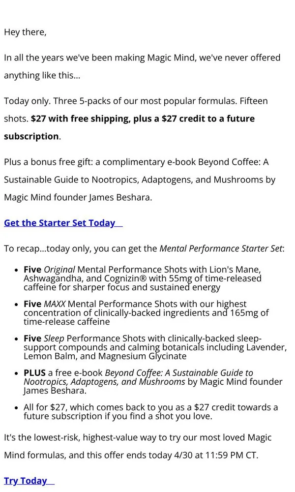 Magic Mind email: $27. Three formulas + a free gift.