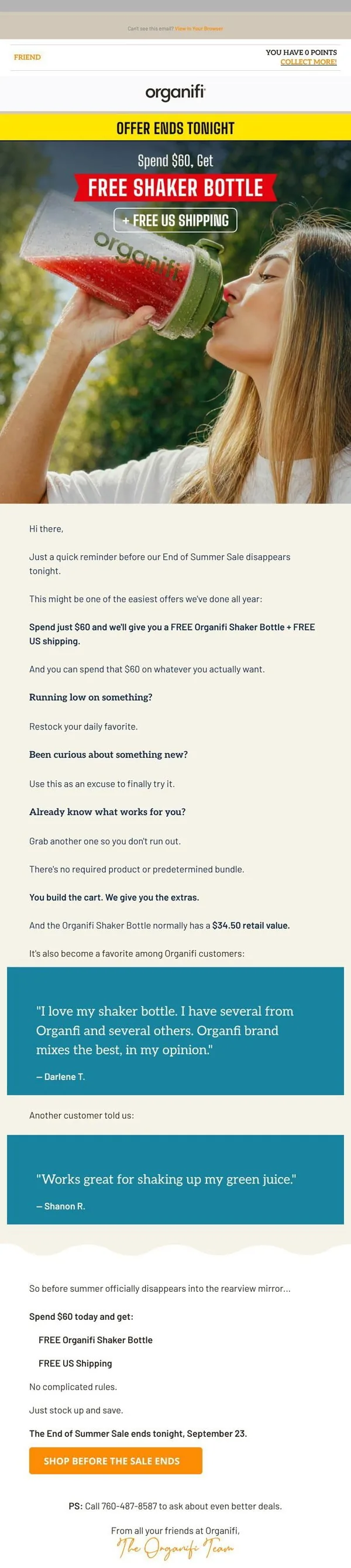Organifi email: Ends tonight: Spend $60, get 2 freebies