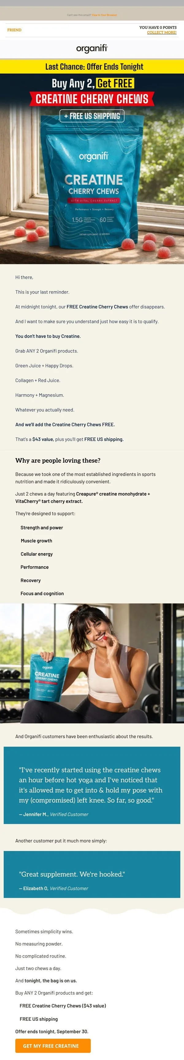 Organifi email: Last chance: Your Creatine is FREE