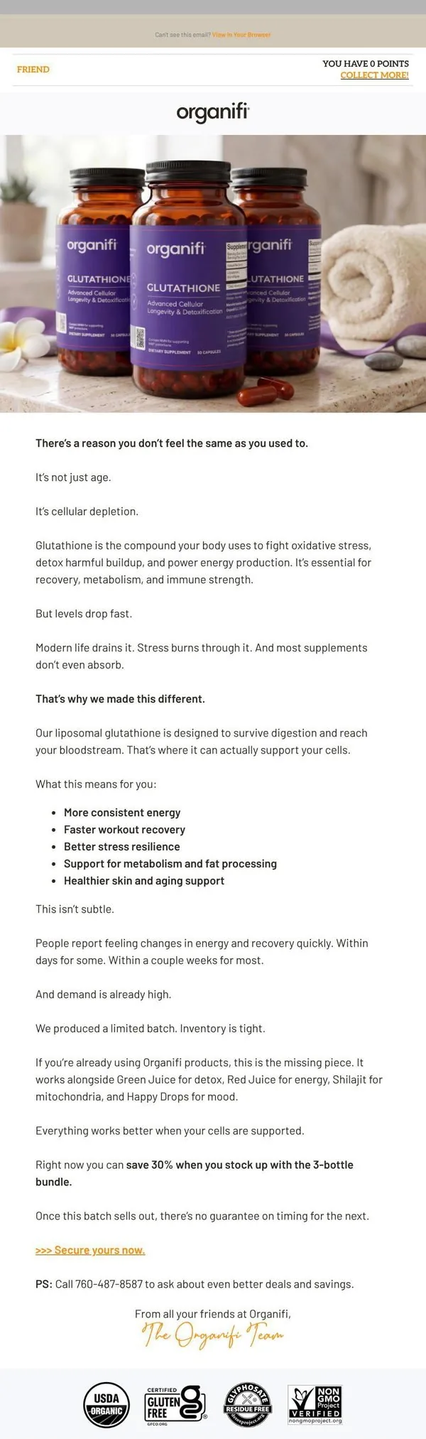 Organifi email: Going Fast:  New Liposomal Glutathione at 30% savings...