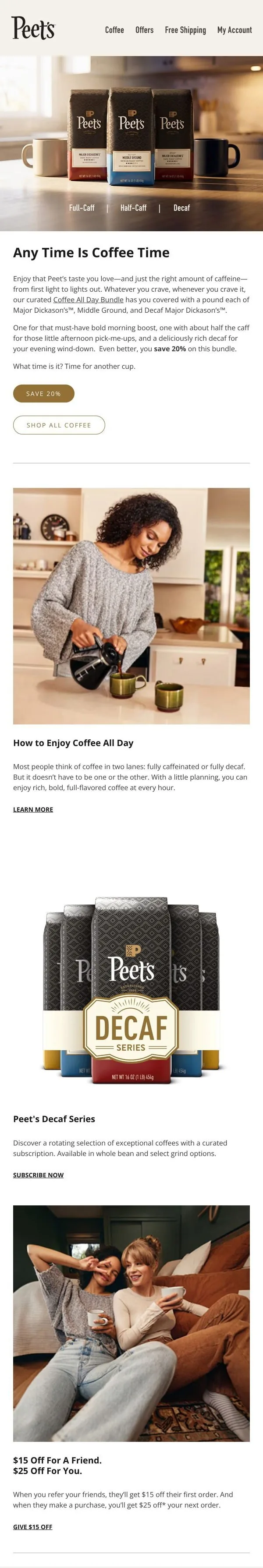 Peet's Coffee email: Sip all day, save 20% 🕖 Terms apply.