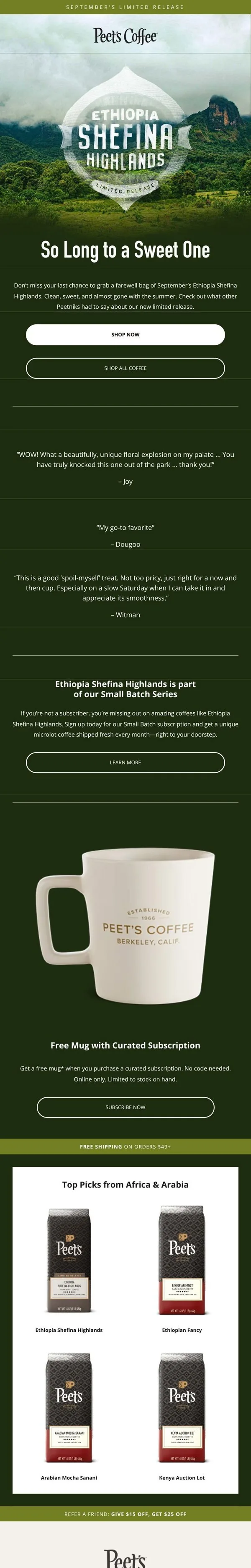 Peet's Coffee email: Almost gone: Ethiopia Shefina Highlands