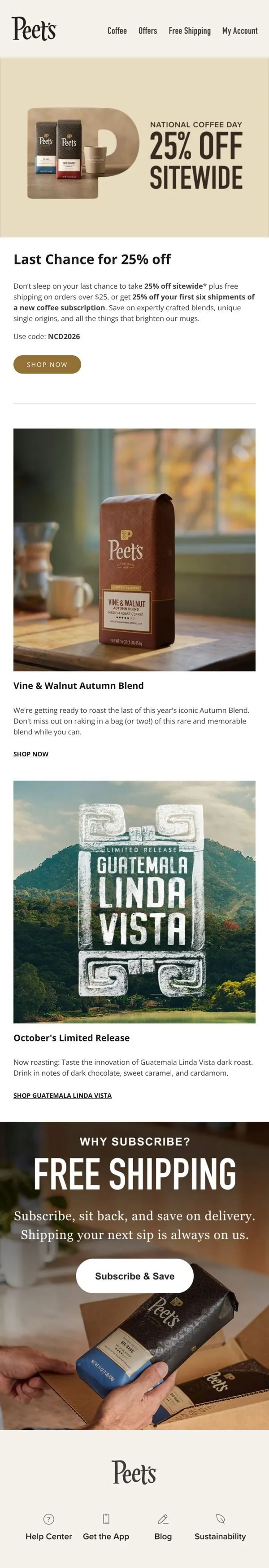 Peet's Coffee email: ENDING SOON ☀️ 25% off sitewide (see terms)